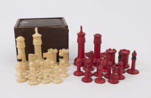 An antique whalebone chess set in wooden box with Chinese ownership inscription, 19th century, ​the kings 9cm high