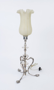 A silver plated table lamp with antique glass shade, 19th/20th century, ​68cm high