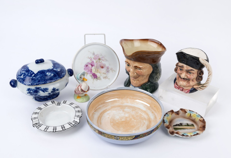 Royal Doulton "The Vicar of Bray" toby jug, assorted porcelain dishes, a tureen and Royal Albert "Jemima Puddleduck" statue, ​(8 items), 20th century, the largest 17cm high