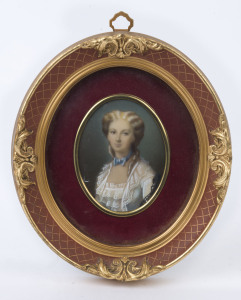 A miniature portrait in oval Florentine frame, 20th century, 19 x 17cm overall