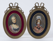 A pair of Italian miniature portraits of a lady and a young girl, in ornate gilt metal mounted frames, early 20th century, 18 x 11.5cm each overall