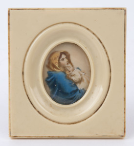 Miniature "Mother and Child" portrait in ivoreen frame, 20th century, ​8 x 7cm overall