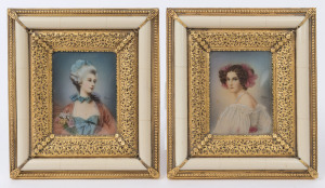 A pair of Italian miniature portraits of ladies in ornate gilt metal mounted frames, early 20th century, 17 x 15cm each overall