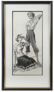 ARTIST UNKNOWN, Fashionable ladies, c.1960, pastel and wash sketch for an advertisement, 40 x 18cm.