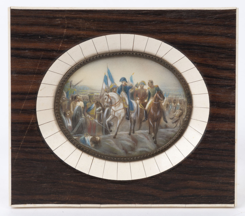 An antique French miniature painting of a triumphant Napoleon on horseback titled "BATAILLE di FRIEDLAND", in a kingwood and ormolu frame, 19th century, 14 x 16cm