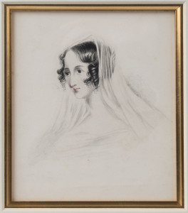 ARTIST UNKNOWN, young woman in a veil, c.1860s, pencil, ink and wash, 18 x 15cm.