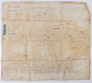 Three large vellum sheets on which are recorded the details of land holdings and transactions in and around Liverpool during the reign of King George 1 (early 1700s) and later. With relevant tax stamps but lacking seals. Each approx. 64 x 72cm.