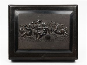 An antique work box with Bacchanalia scene top, interior fitted with birch wood compartments, 19th century, 8cm high, 31cm wide, 24.5cm deep