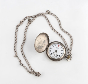 An antique sterling silver cased lady's full hunter pocket watch on silver chain, 19th century, dial marked "GUNTERS, Swiss Made, Melbourne", case stamped "925", 4.5cm high overall