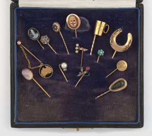 A collection of fourteen assorted antique gold stickpins including diamond set examples, Australian Federation, Ballarat Grammar, turquoise, ruby, pearl, enamel and others, 19th and early 20th century
