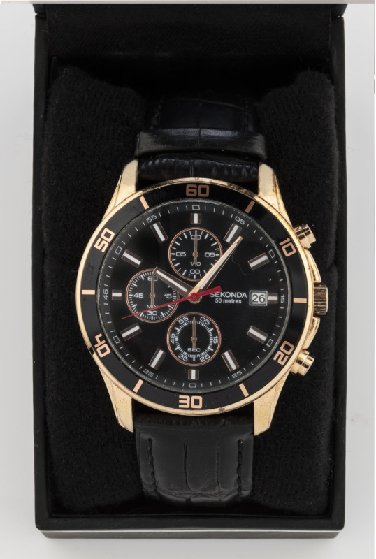 SEKONDA gent's chronograph wristwatch with black dial and date window, rated to 50 metres, in original box with papers