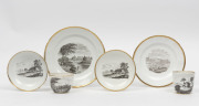 CHAMBERLAIN WORCESTER "Bat Print" tea ware comprising two cups and saucers and two assorted side plates, circa 1815, (6 items), the larger plate 22cm diameter