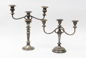 Two silver plated three branch candelabra, 20th century, 29cm and 39cm high