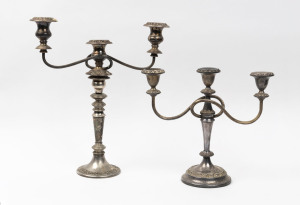 Two silver plated three branch candelabra, 20th century, ​29cm and 39cm high