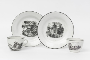 Antique English "Bat Print" porcelain tea ware comprising two cups and two plates, early 19th century, (4 items), ​the plates 18cm diameter