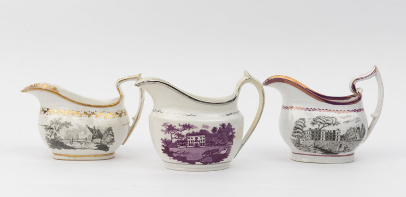 Three antique "Bat Print" English porcelain jugs by Newhall, Ridgway and possibly Chamberlain Worcester, circa 1820, the largest 12cm high, 14cm wide