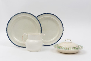 Antique English porcelain jug, tureen and two plates with blue rims, 19th century, (4 items), the plates 26cm diameter