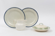 Antique English porcelain jug, tureen and two plates with blue rims, 19th century, (4 items), the plates 26cm diameter