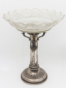 An impressive German silver centrepiece with cut crystal top, late 19th century, stamped "800" with crown and crescent mark, 38cm high, 31cm wide, weight of the base 690 grams