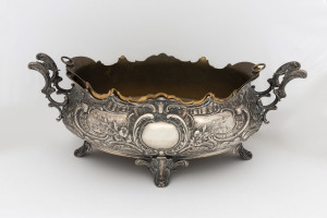 An impressive antique German silver bowl with original brass lift out liner, 19th century, stamped "800" with crown and crescent mark, ​19.5cm high, 48cm wide, silver weight 1300 grams