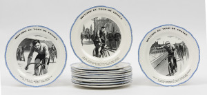 "HISTOIRE DU TOUR DE FRANCE" set of 12 French porcelain cabinet plates, circa 1930s, stamped "H.B. & Cie. CHOISY, FRANCE", 20.5cm diameter