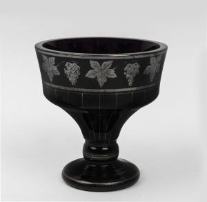 MOSER Bohemian amethyst glass bowl with silver finished grape decoration, early 20th century, 16.5cm high, 15.5cm diameter