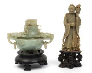 A Chinese carved jade censer on stand together with a soap stone statue on stand, 20th century, (2 items), ​16cm and 20cm high overall
