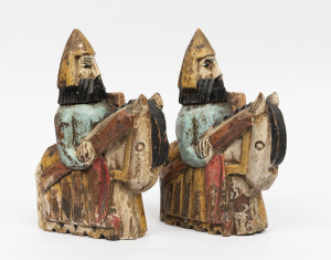 A pair of Medieval style knights and horseback figures, carved wood with polychrome finish, 19th century, 24cm high