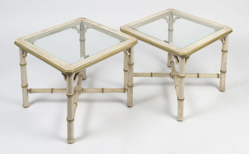 A pair of Chinese style lamp tables, lime washed oak with bevel glass tops, late 20th century, 44cm x high, 52cm wide, 52cm deep