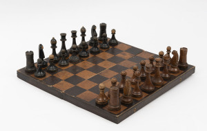 BAKU Soviet Russian carved wooden chess set with folding wooden board, early to mid 20th century, ​the board 41cm wide