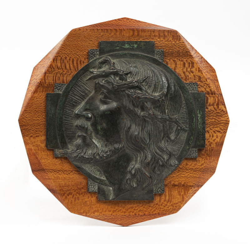 SYLVAIN NORGA (1892-1968), religious plaque, cast bronze on timber panel, 27 x 26cm overall