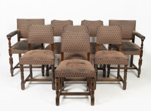 A set of eight Jacobean Revival oak chairs, comprising six standard and two carvers, early 20th century