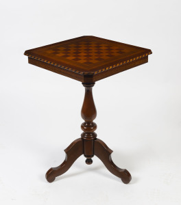 A vintage games top wine table, inlaid timbers with barber pole cross banding, 20th century, 74cm high, 52cm wide, 52cm deep