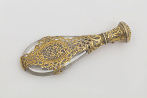 A fine French antique scent bottle, tear drop form with pieced and gilded silver finish plus original stopper, circa 1870, 10.5cm high