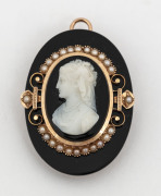 An antique cameo brooch, jet, shell and seed pearl set in rose gold, 19th century, ​4cm high