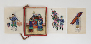 A set of 12 Chinese antique paintings on rice paper in original box, late 19th century, ​each sheet 15 x 11cm