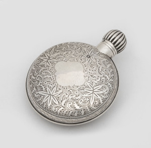 An antique English sterling silver novelty scent bottle in the form of a fob watch, made in Sheffield by James Dixon & Sons, circa 1897, ​7.5cm high, 40 grams