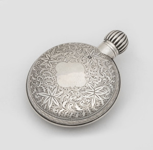 An antique English sterling silver novelty scent bottle in the form of a fob watch, made in Sheffield by James Dixon & Sons, circa 1897, 7.5cm high, 40 grams