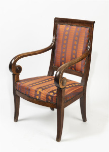 An antique French provincial carver chair, walnut and fruitwood with peg joint construction, circa 1825, 60cm across the arms