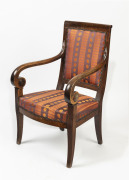 An antique French provincial carver chair, walnut and fruitwood with peg joint construction, circa 1825, ​60cm across the arms