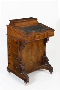 An antique English Davenport ladies desk, burr walnut with marquetry inlay, circa 1875, 84cm high, 55cm wide, 51cm deep
