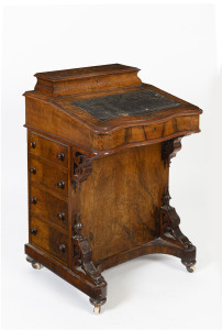 An antique English Davenport ladies desk, burr walnut with marquetry inlay, circa 1875, ​84cm high, 55cm wide, 51cm deep