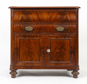 An antique German flame mahogany cabinet, early to mid 19th century, ​50cm high, 60cm wide, 50cm deep