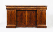 An antique English four door breakfront buffet with book-matched flame mahogany front, mid 19th century, 91cm high, 168cm wide, 54cm deep