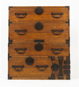 An antique Japanese chest on chest, pine and cypress with metal bound fittings, Meiji period, 107cm high, 91cm wide, 43cm deep