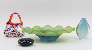 Sommerso glass vase, glass basket vase, Murano glass bowl and green art glass fruit bowl (4 items), the green bowl 37cm diameter