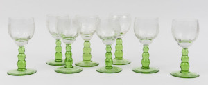 A set of eight Bohemian wine glasses with grape motif and green stems, 20th century, 16cm high