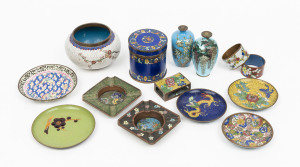 Collection of assorted Chinese and Japanese cloisonne ware including two vases, one jar, two napkin rings, five dishes, two ashtrays and a match holder, (13 pieces), 19th and 20th century, the largest 9.5cm high