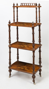 An antique English burr walnut four tier wotnot with marquetry decoration, circa 1875, ​140cm high, 55cm wide, 36cm deep