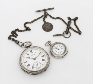 WALTHAM American pocket watch in sterling silver case, key wind movement with lever escapement, watch key and steel fob chain attached, circa 1910; TOGETHER with a French lady's sterling silver cased watch, the movement with cylinder escapement and 10 jew